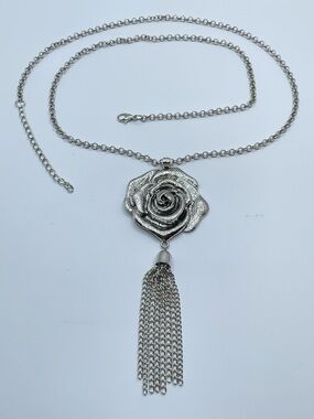 Silver Tone Rose Pendant Tassel Necklace Statement Chain Fringe Boho